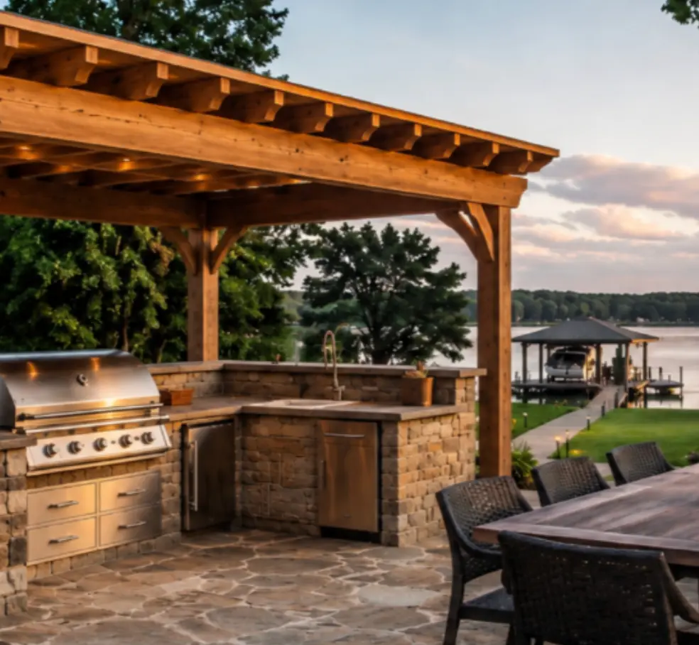 Outdoor kitchen with stainless grill, sink, and stone base under a timber pavilion overlooking Lake Norman at dusk